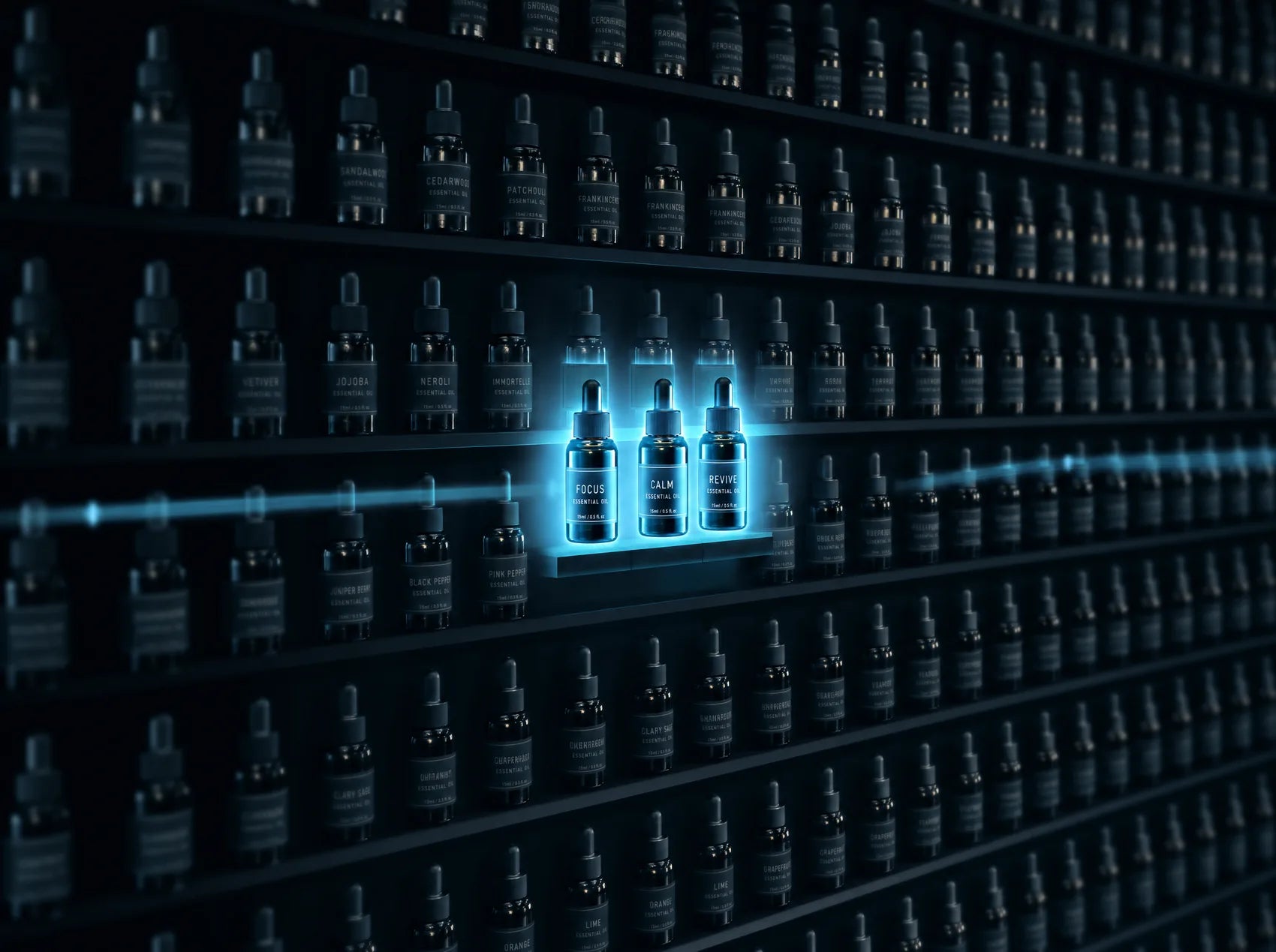 A wall of hundreds of essential-oil bottles with the few selected for you glowing cyan