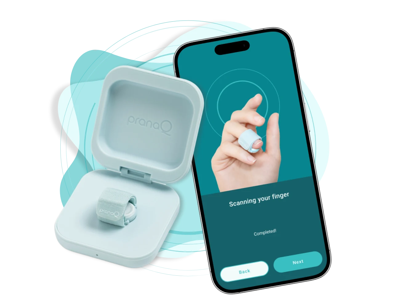 itovi sleep ring — charging case, soft finger wrap, and the app scanning a finger