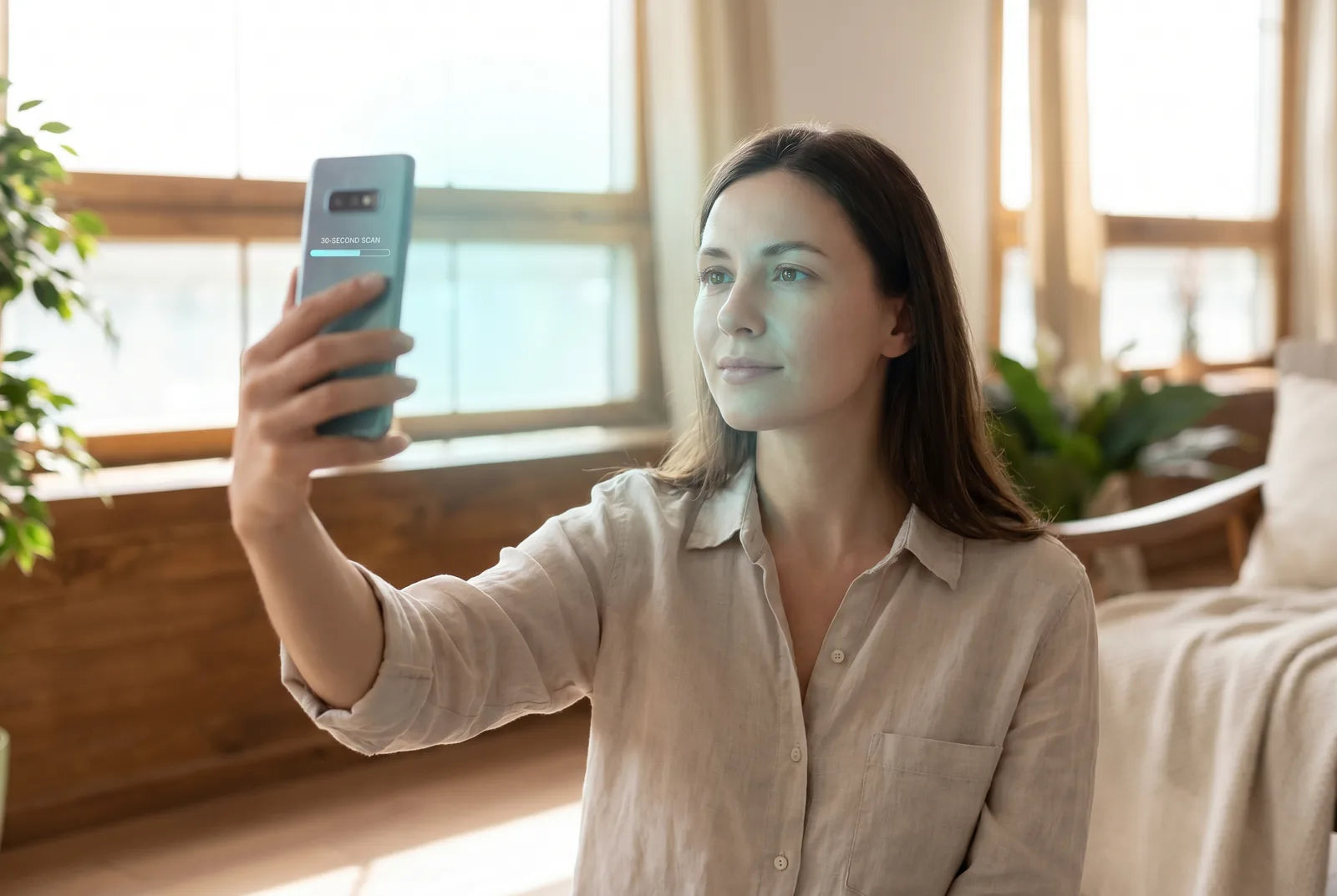 A customer holding her phone to scan her face